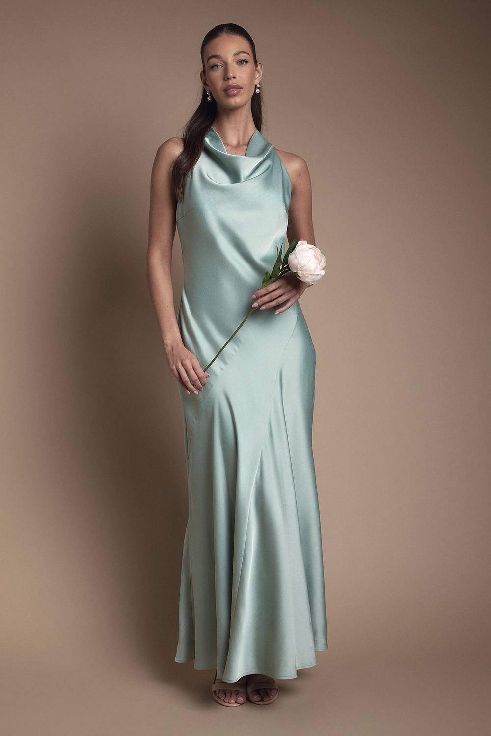 Oasis Oasis Women's Cowl Halterneck Satin Maxi Bridesmaid Dress in Sage - 1