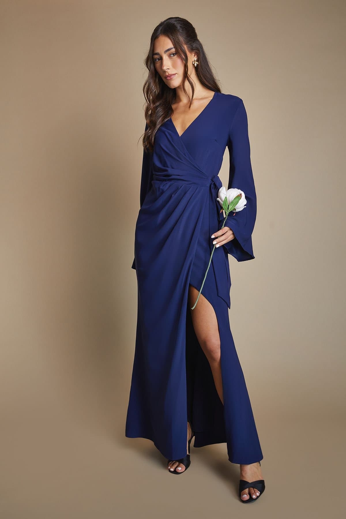 Coast Coast Women's Wrap Waist Crepe Long Sleeve Bridesmaid Dress in Navy