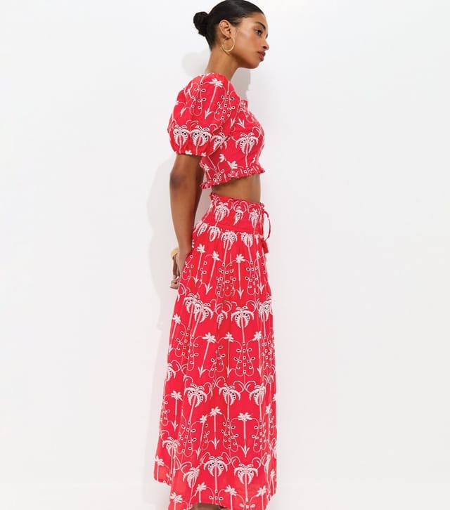 New Look Women's Red Cotton Broderie Palm Tree Scallop Edge Midi Skirt New Look - 2
