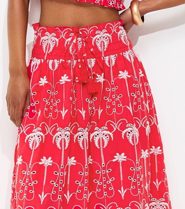 New Look Women's Red Cotton Broderie Palm Tree Scallop Edge Midi Skirt New Look - 3