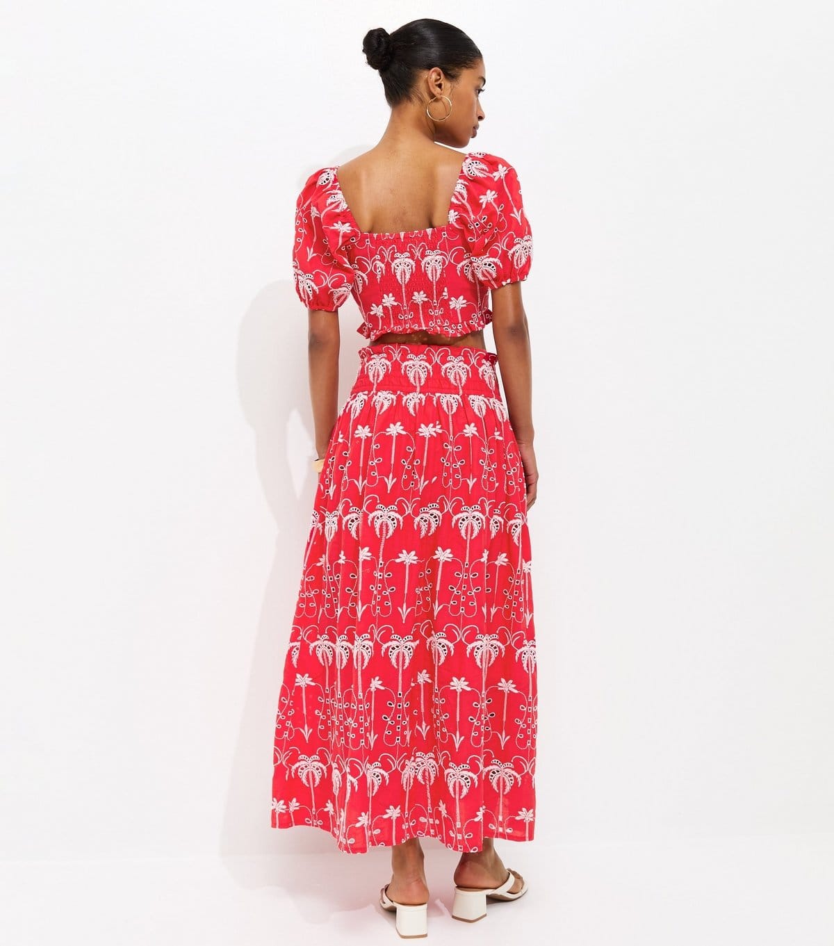 New Look Women's Red Cotton Broderie Palm Tree Scallop Edge Midi Skirt New Look - 4