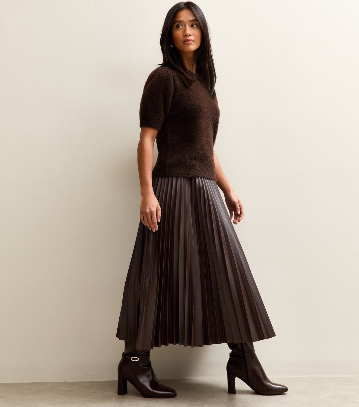 New Look Dark Brown Faux Leather Pleated Midi Skirt