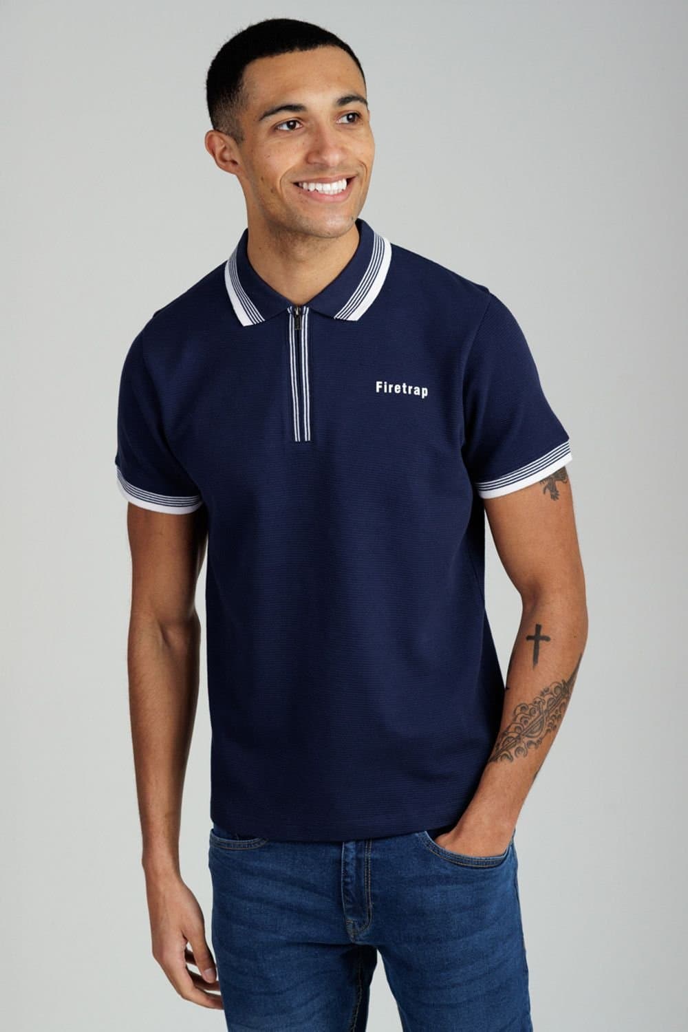 Firetrap Firetrap Men's Regular Fit Cotton Ottoman Zip Polo in Navy