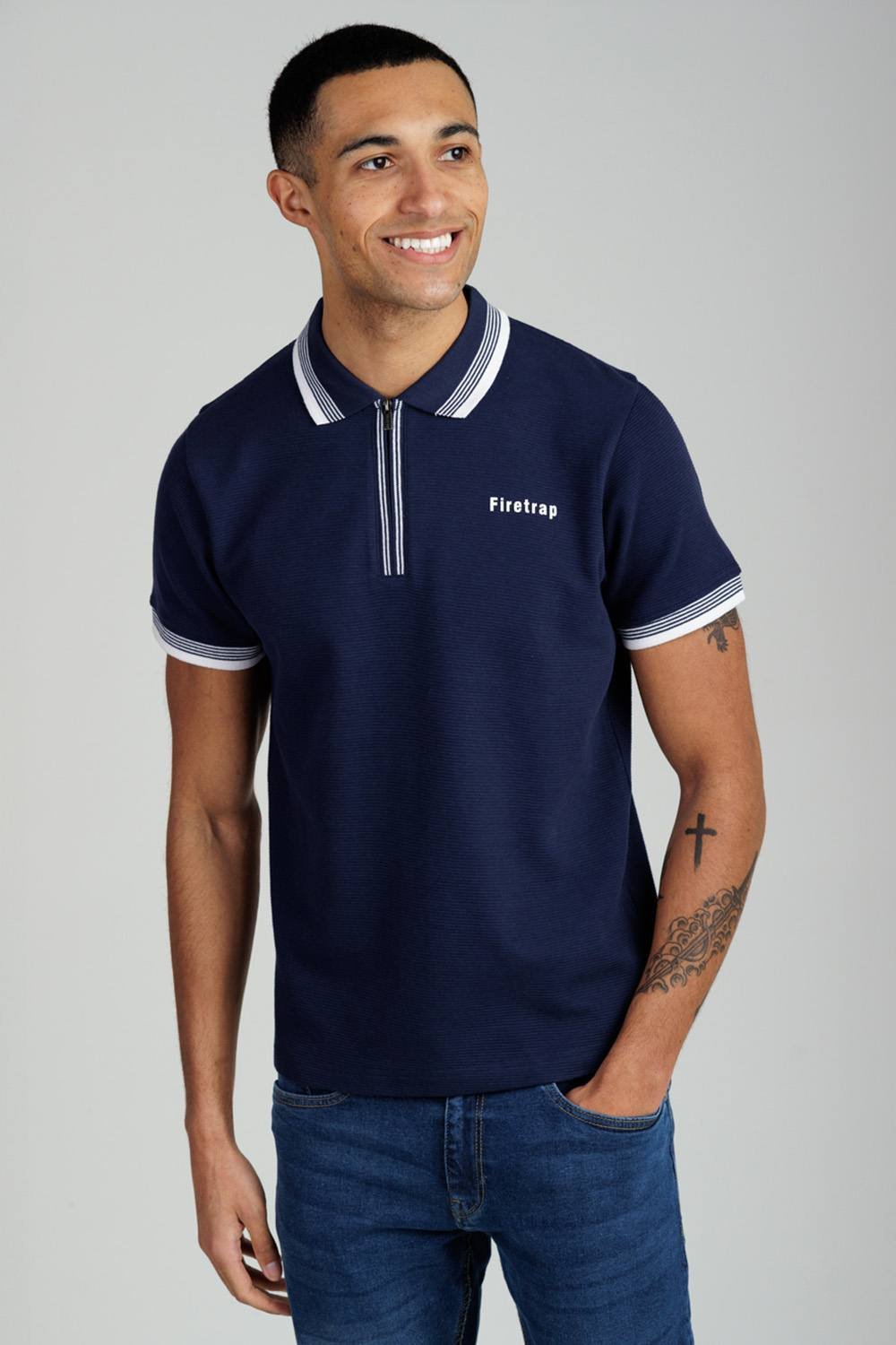 Firetrap Firetrap Men's Regular Fit Cotton Ottoman Zip Polo in Navy - 2
