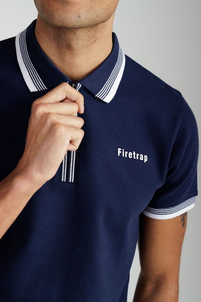 Firetrap Firetrap Men's Regular Fit Cotton Ottoman Zip Polo in Navy - 3