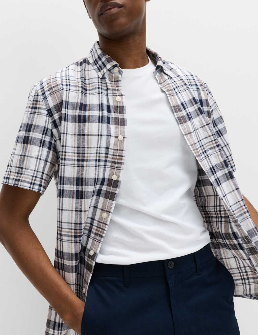 Marks & Spencer M&S Cotton Linen Blend Check Short Sleeve Shirt White Mix