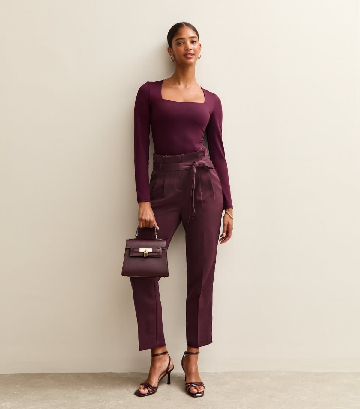 New Look New Look Dark Burgundy Pleated Paperbag Trousers