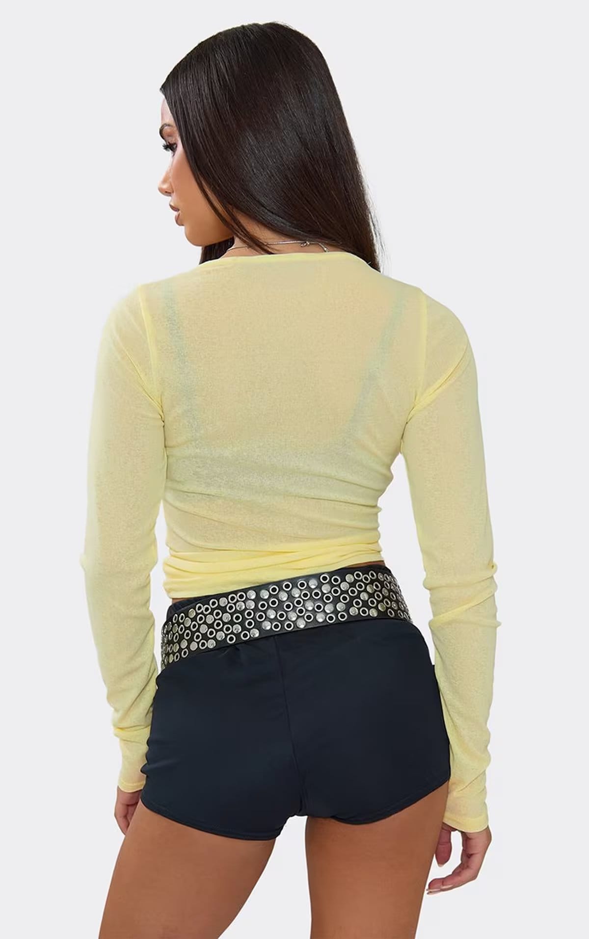 EGO Yellow Sheer Long Sleeve Crew Neck Top, Women's Size UK 8