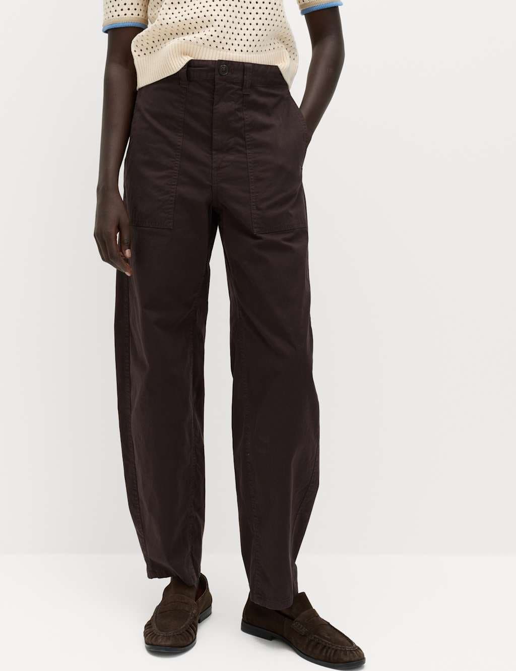 Marks & Spencer M&S Cotton Rich Barrel Leg Trousers Chocolate
