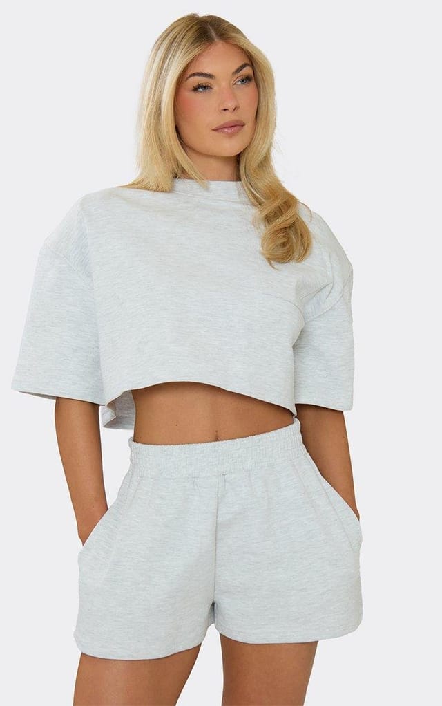 EGO Short Sleeve Shoulder Pad Boxy Cropped T-Shirt In Grey Marl Interlock, Women's Size UK 6 - 2