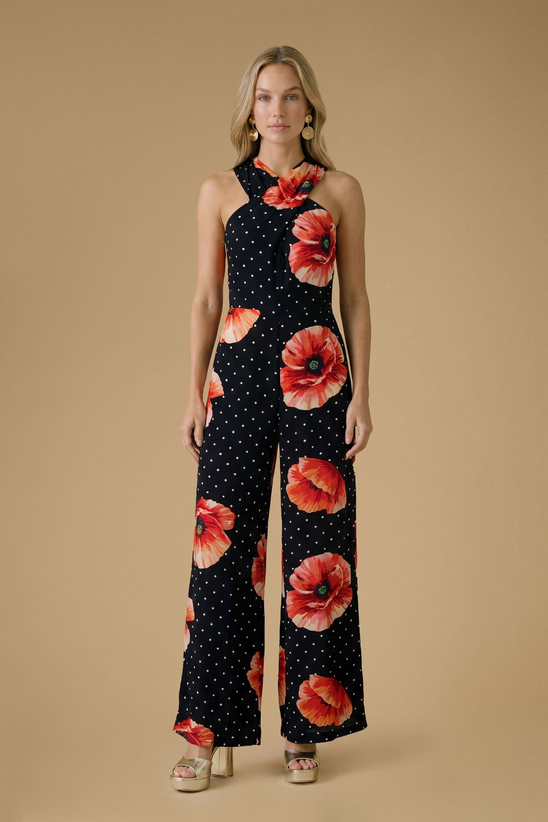 Oasis Oasis Women's Halter Cross Neck Viscose Printed Jumpsuit