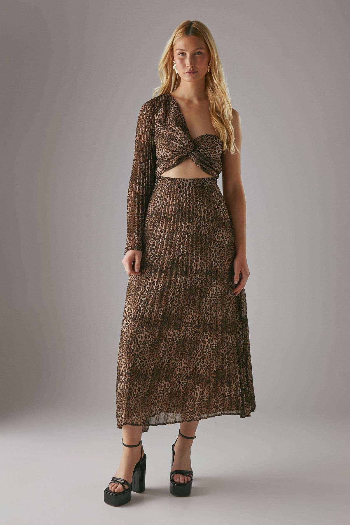 Warehouse Warehouse Women's Chiffon Pleated One Shoulder Cut Out Midi Dress in Animal