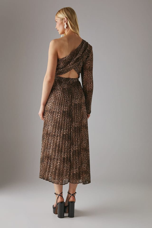 Warehouse Warehouse Women's Chiffon Pleated One Shoulder Cut Out Midi Dress in Animal - 3