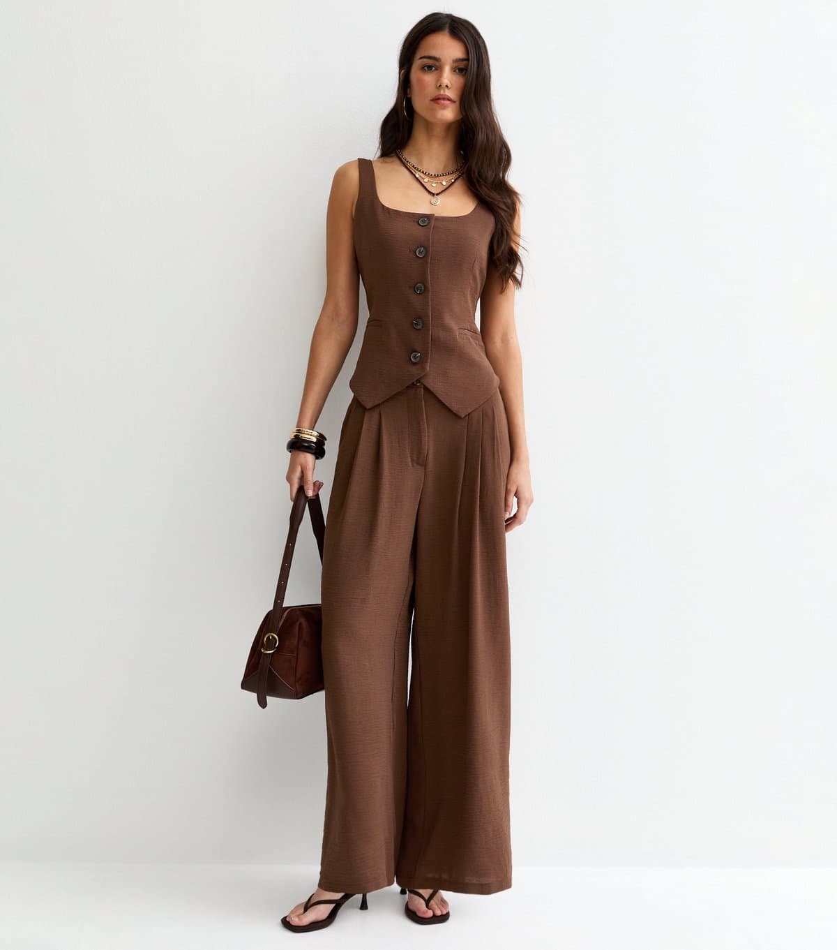 New Look Women's Dark Brown Wide Leg Pleated Trousers New Look
