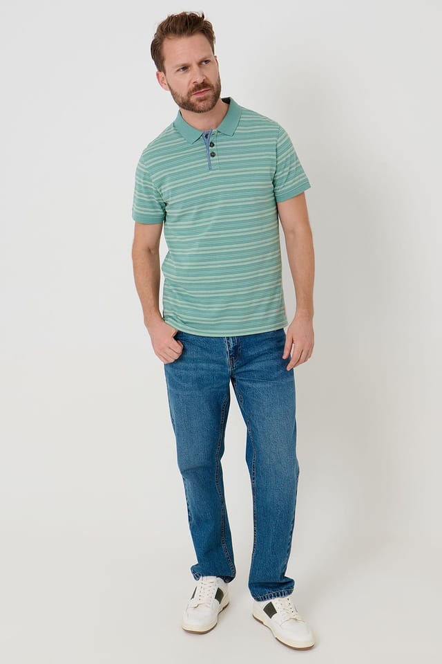 Saltwell Saltwell Men's Jacquard Stripe Short Sleeve Polo Shirt in Green - 3