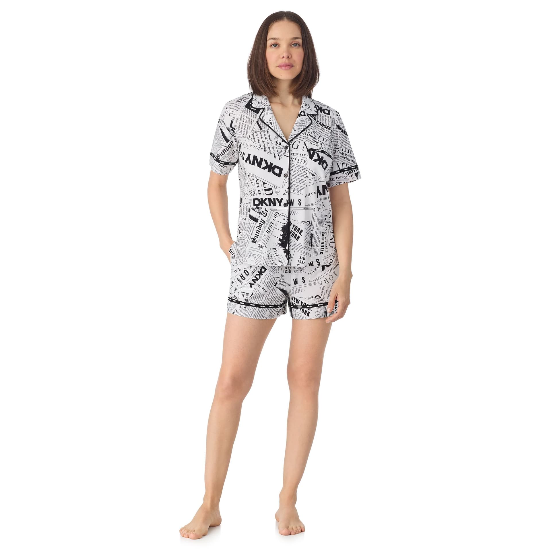 DKNY DKNY Women's Short sleeve notch collar & boxer set in white newspaper