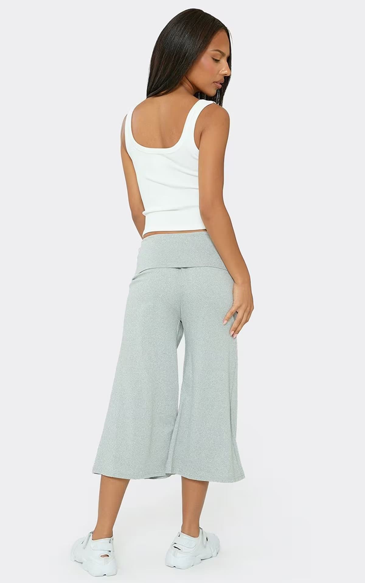 EGO Fold Over Waistband Wide Leg Jorts In Grey Marl Jersey, Women's Size UK S