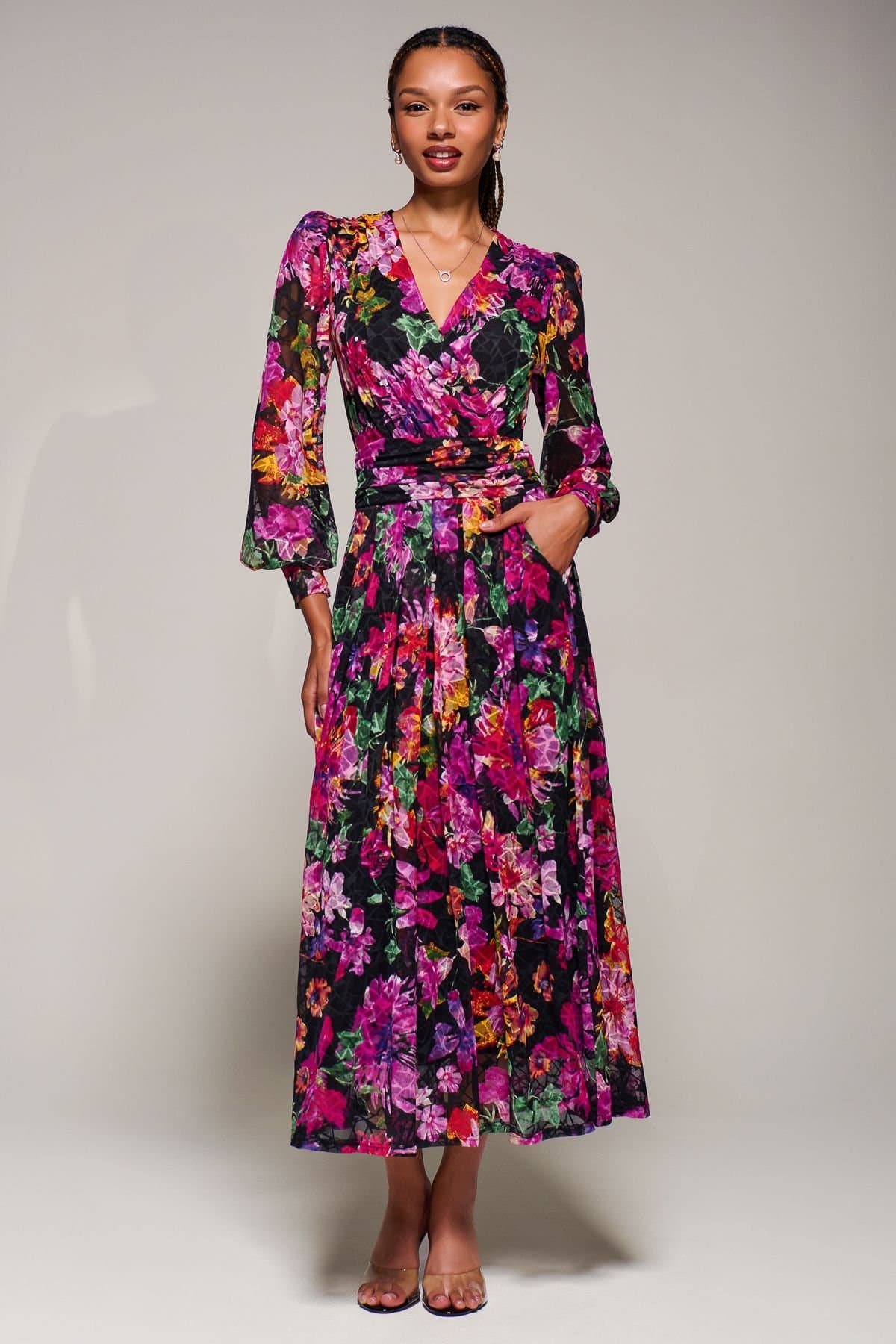 Jolie Moi Jolie Moi Women's Long Sleeve Printed Lace Midaxi Dress