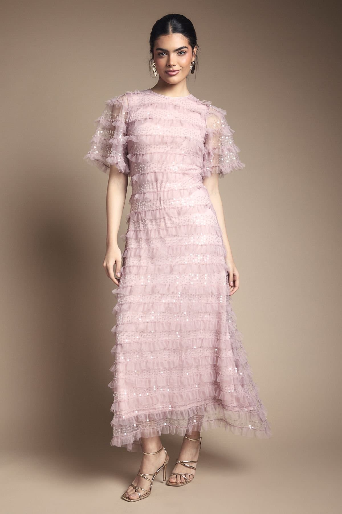 Oasis Oasis Women's Sequin Ruffle Detail Maxi Dress in Pink