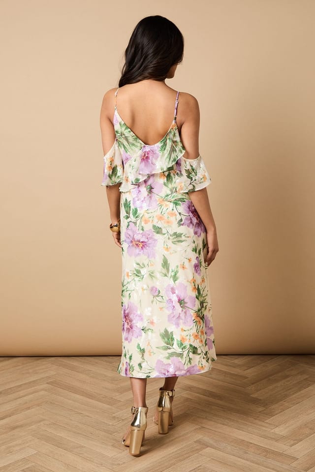 Oasis Oasis Women's Petite Floral Satin Burnout Cold Shoulder Dress in Ivory - 3