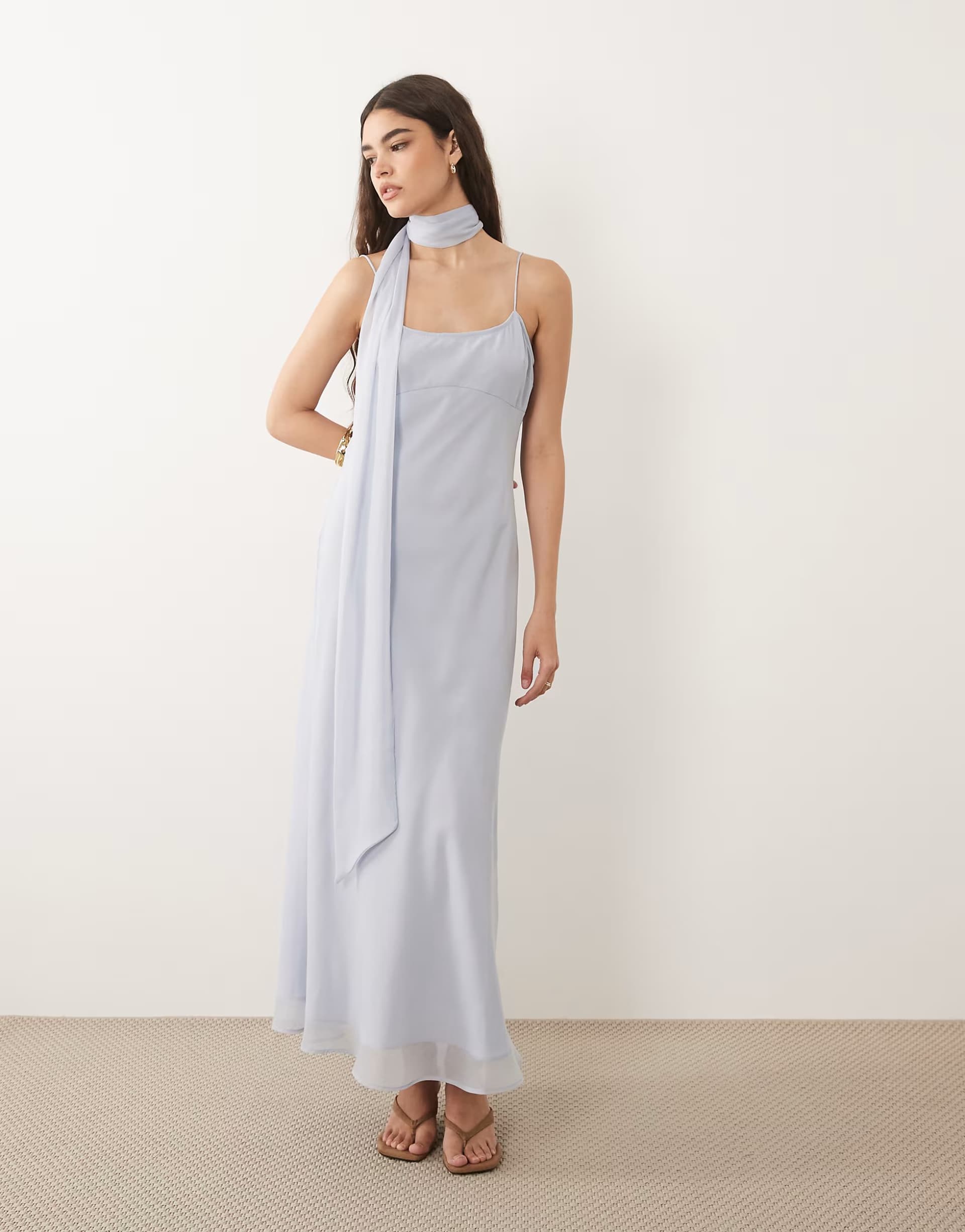 ASOS ASOS DESIGN slip midi dress with scarf in pale blue