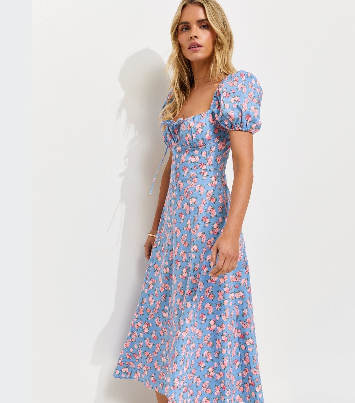 New Look Women's Petite Blue Rose Print Milkmaid Midi Dress New Look - 1