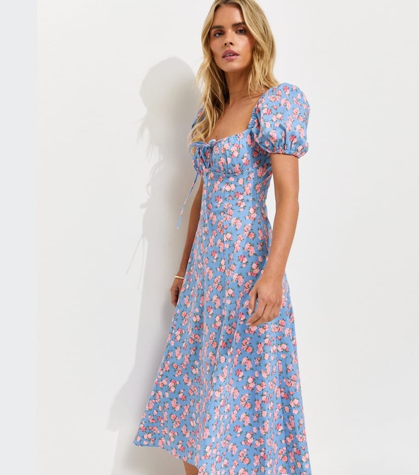 New Look Women's Petite Blue Rose Print Milkmaid Midi Dress New Look - 1