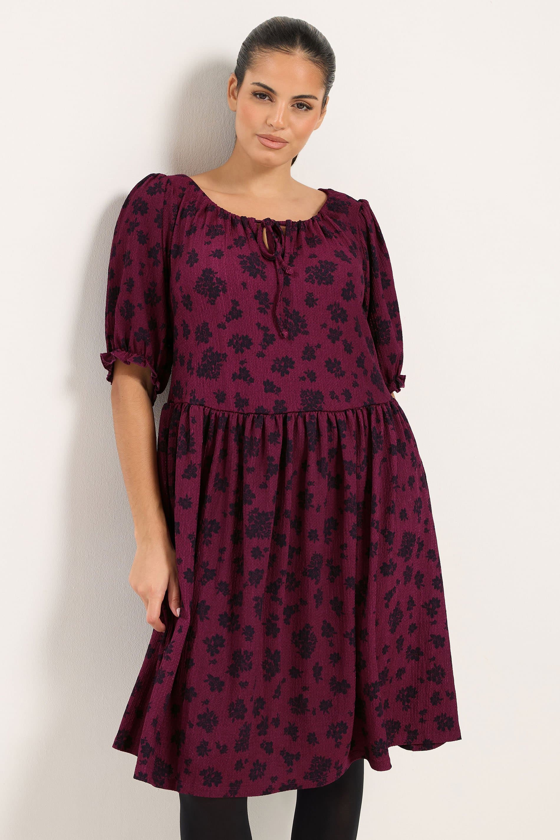 Yours Plus Size Burgundy Red Floral Tie Neck Mini Dress
