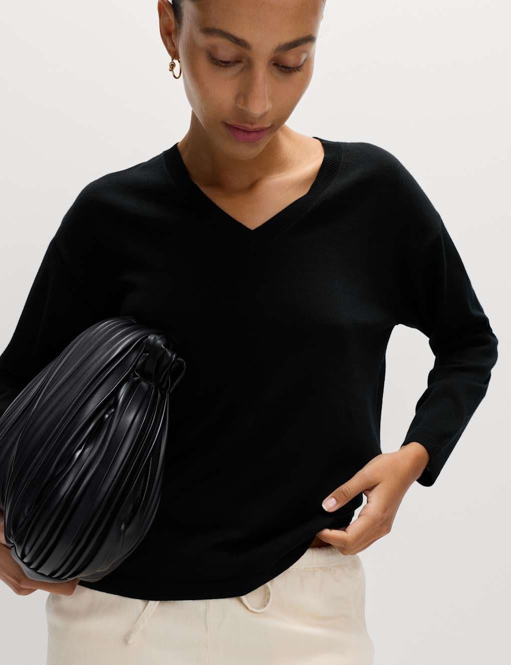 Marks & Spencer M&S Black Merino Wool V-Neck Jumper