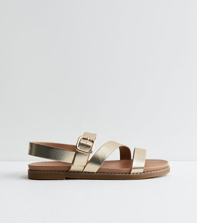 New Look Women's Wide Fit Gold Faux Leather Strappy Flat Sandals Vegan New Look - 3