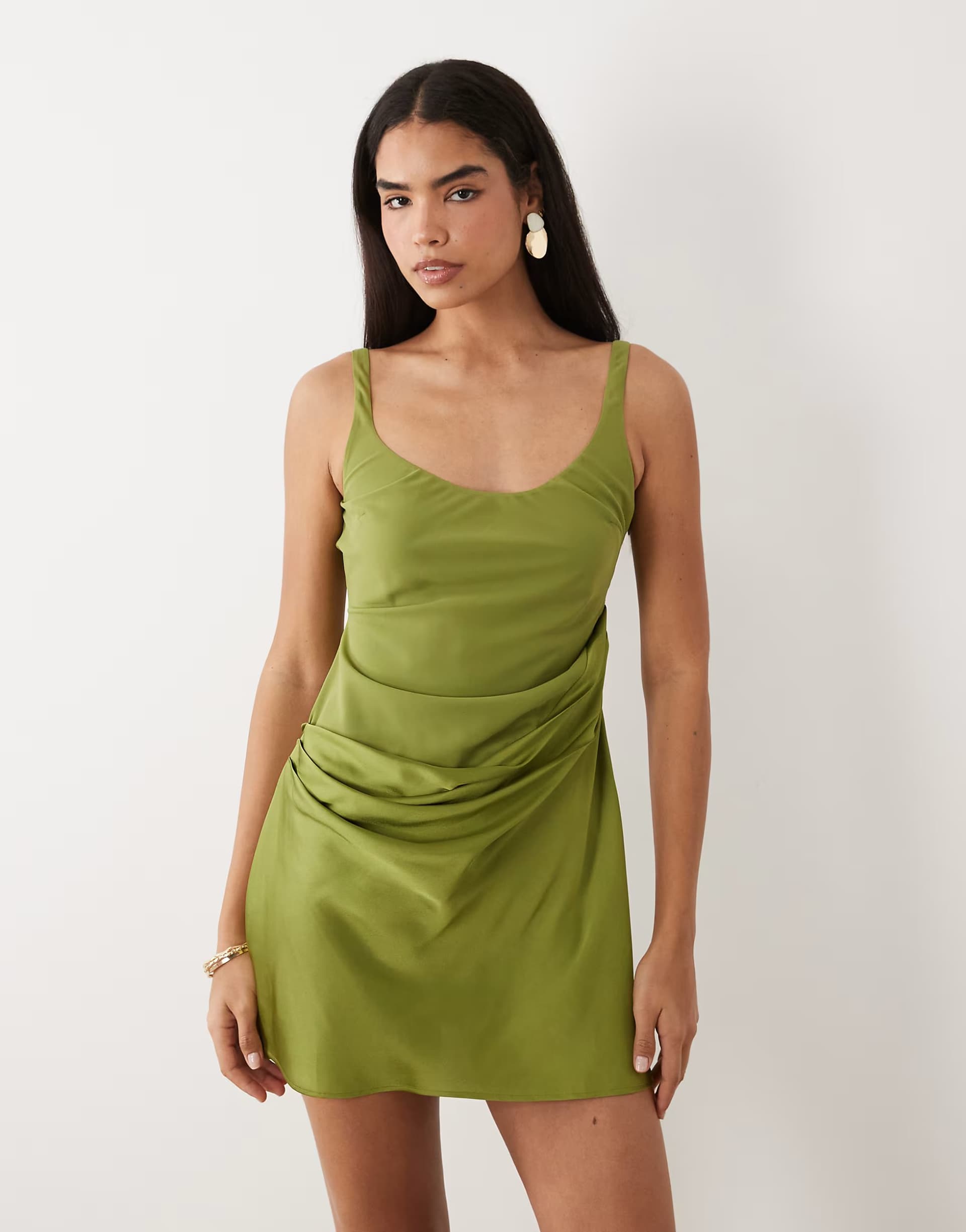 ASOS ASOS DESIGN deep scoop neck mini dress with asymmetric draped satin skirt overlay in dark olive