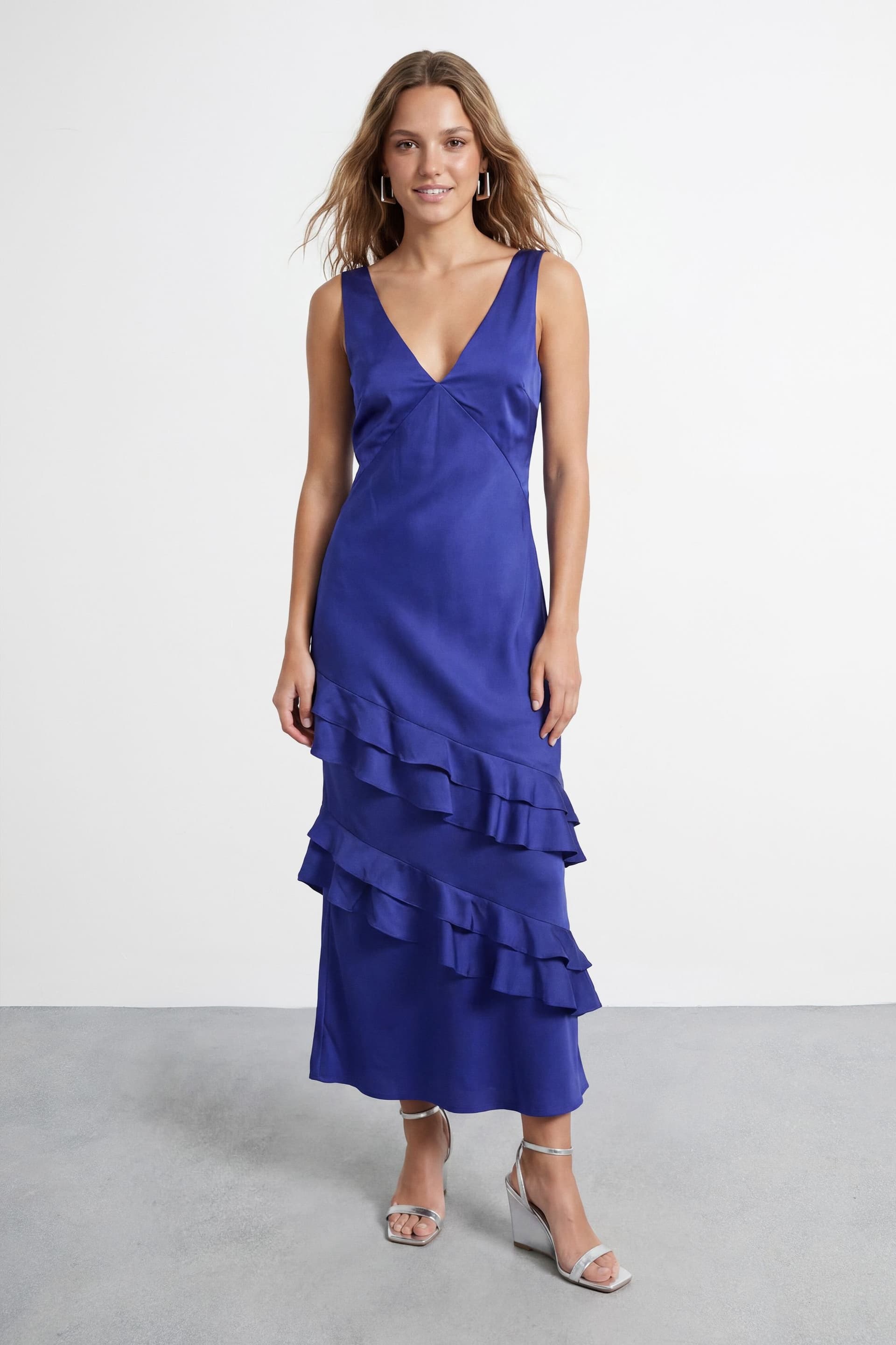 Warehouse Warehouse Women's Ruffle Layer V Neck Bias Slip Dress in Cobalt