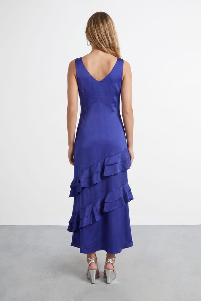 Warehouse Warehouse Women's Ruffle Layer V Neck Bias Slip Dress in Cobalt - 2