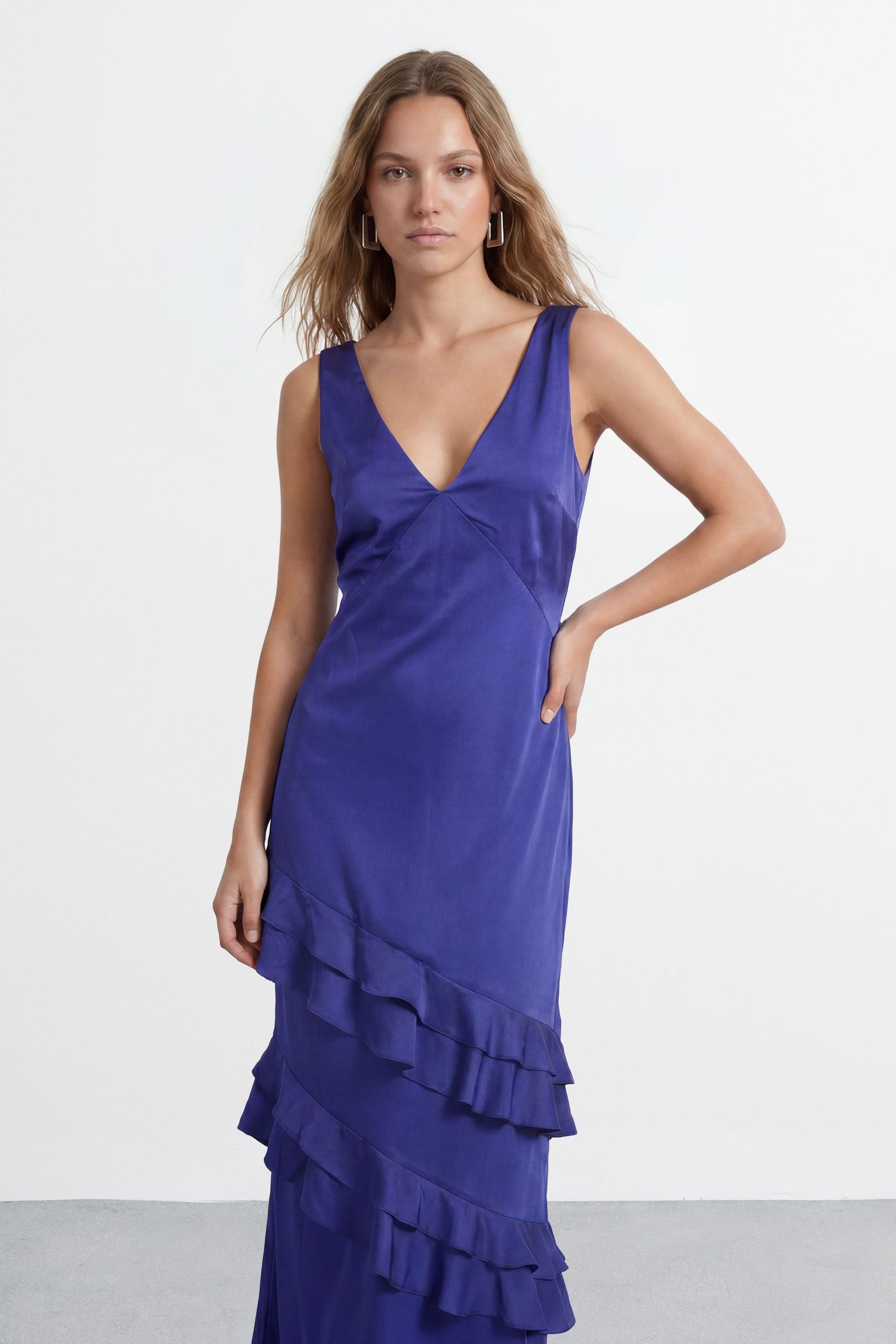 Warehouse Warehouse Women's Ruffle Layer V Neck Bias Slip Dress in Cobalt - 4