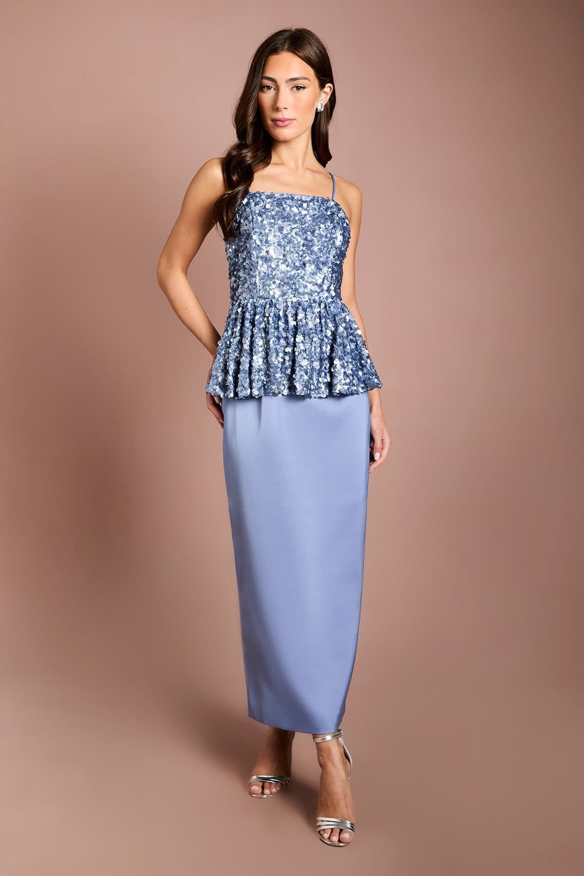 Coast Coast Women's Muse Sequin Strappy Peplum Top Column Midi Dress in Blue