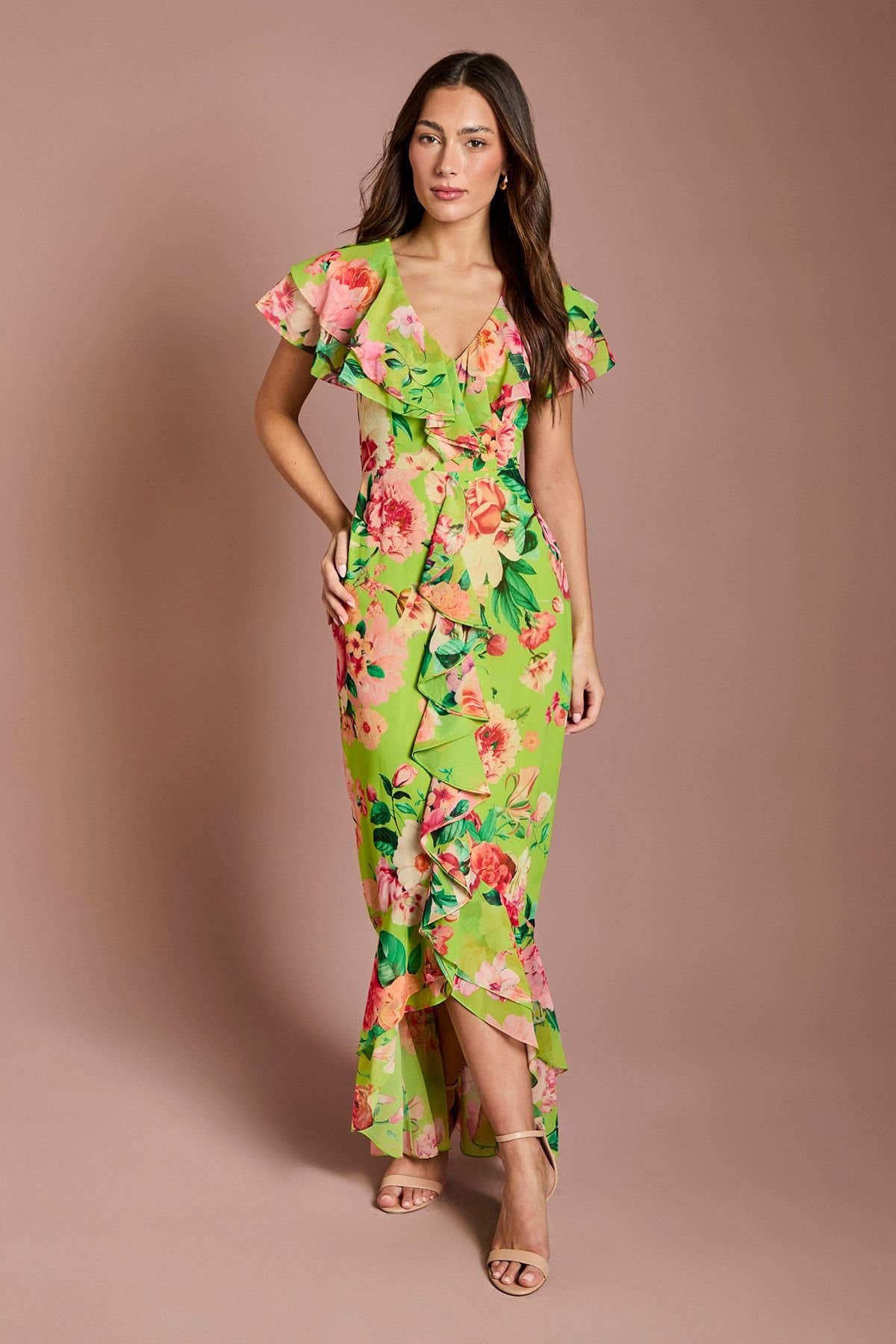 Coast Coast Women's Short Sleeve Floral Print Chiffon Maxi Dress With Frills in Lime