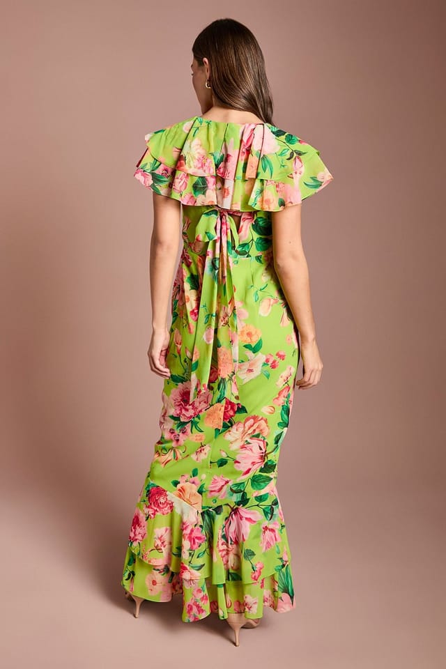 Coast Coast Women's Short Sleeve Floral Print Chiffon Maxi Dress With Frills in Lime - 3