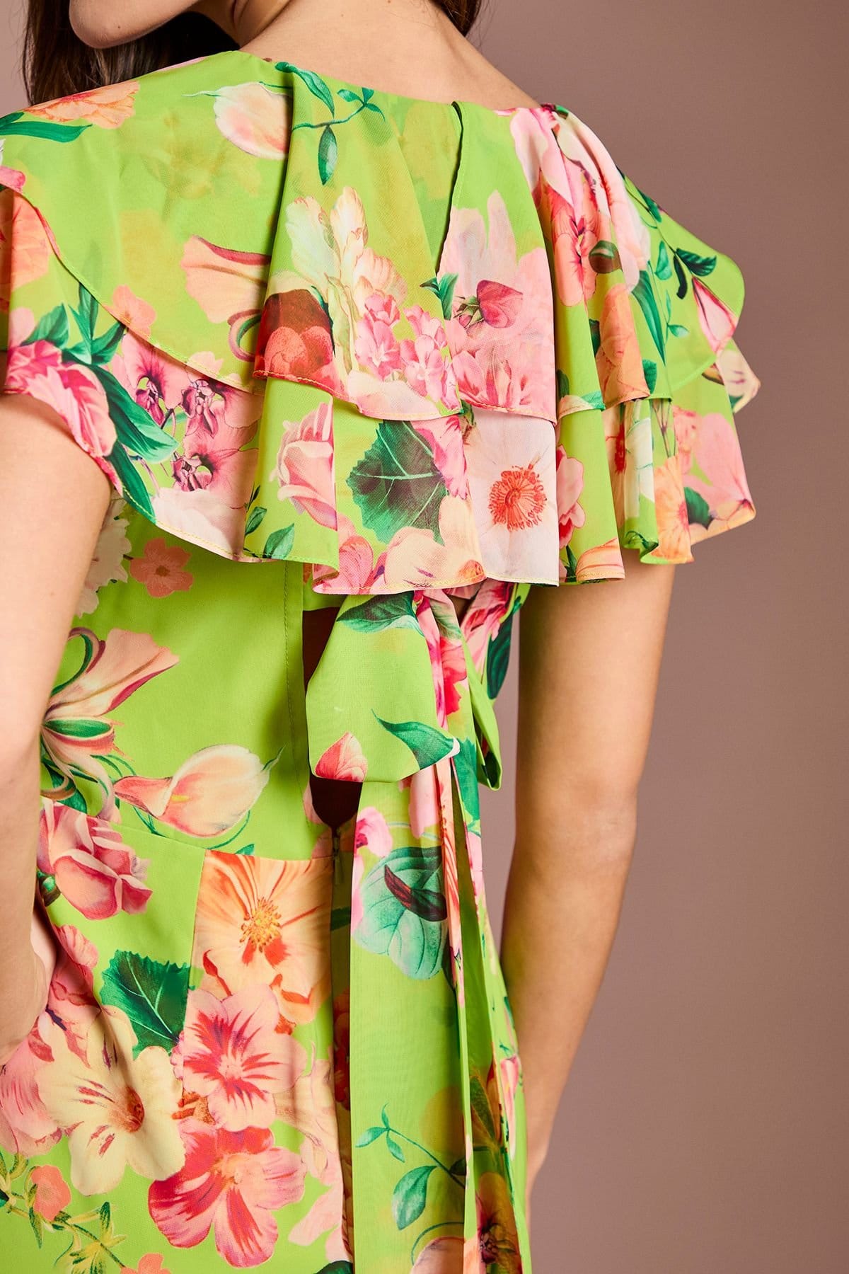 Coast Coast Women's Short Sleeve Floral Print Chiffon Maxi Dress With Frills in Lime - 4