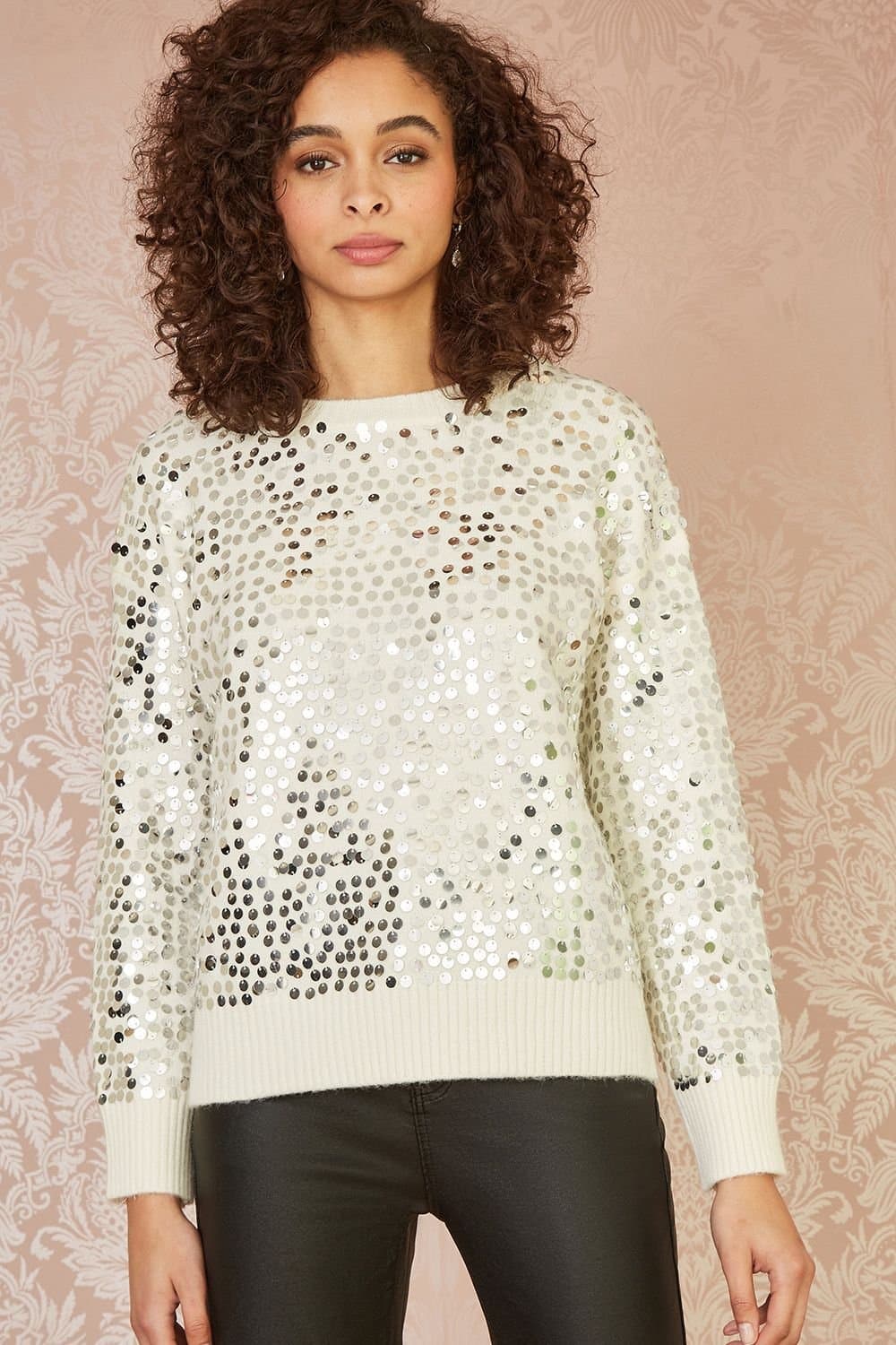 Mela Mela Women's Ivory All Over Sequin Relaxed Fit Jumper
