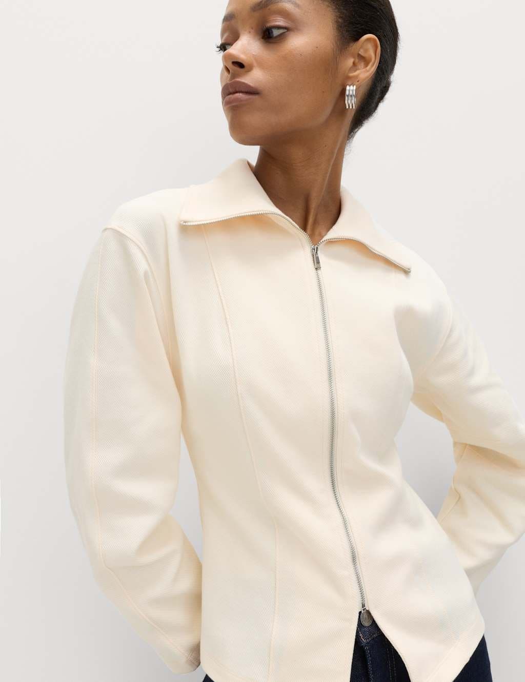Marks & Spencer M&S Cotton Rich Waisted Zip Through Sweatshirt Ivory
