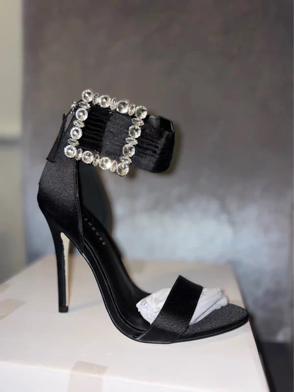 Warehouse Vintage warehouse black satin diamanté embellished sliver diamond buckle ankle stiletto heel wedding