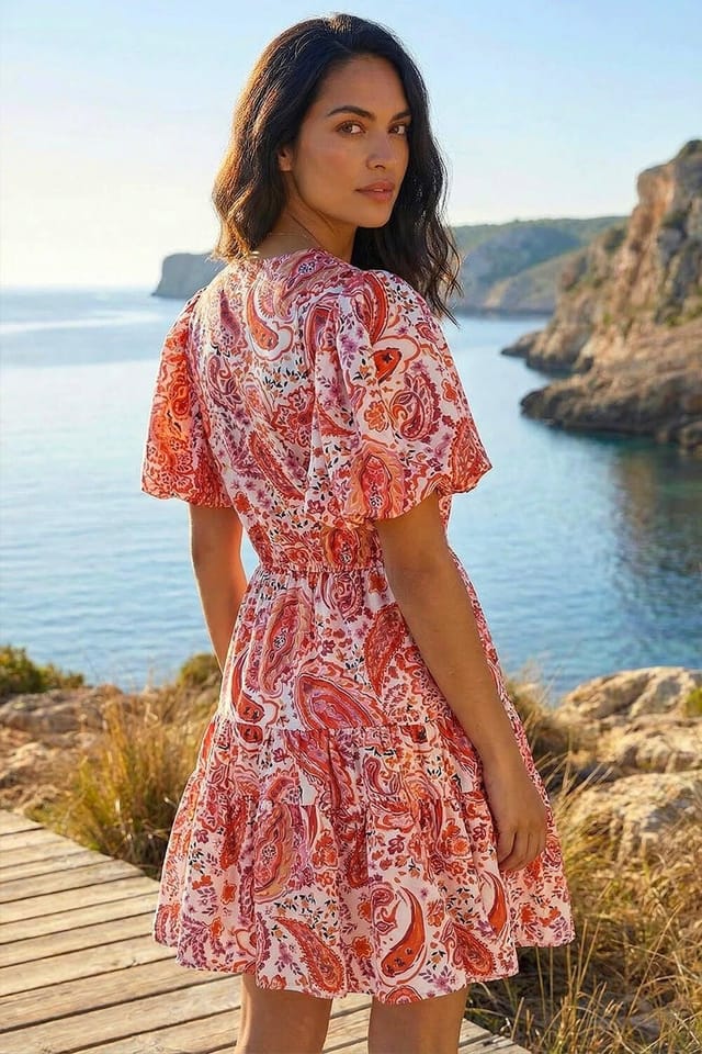 DUSK Dusk Women's Paisley Print Hotfix Dress in Red - 3