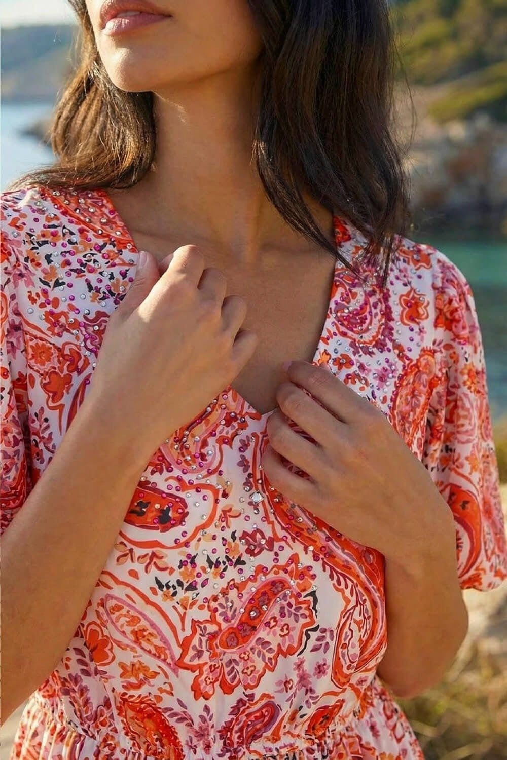 DUSK Dusk Women's Paisley Print Hotfix Dress in Red - 4