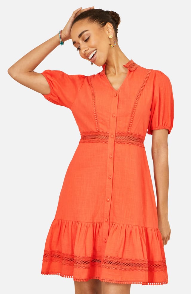 Yumi Yumi Women's Cotton Lace Trim Skater Shirt Dress in Tangerine - 2