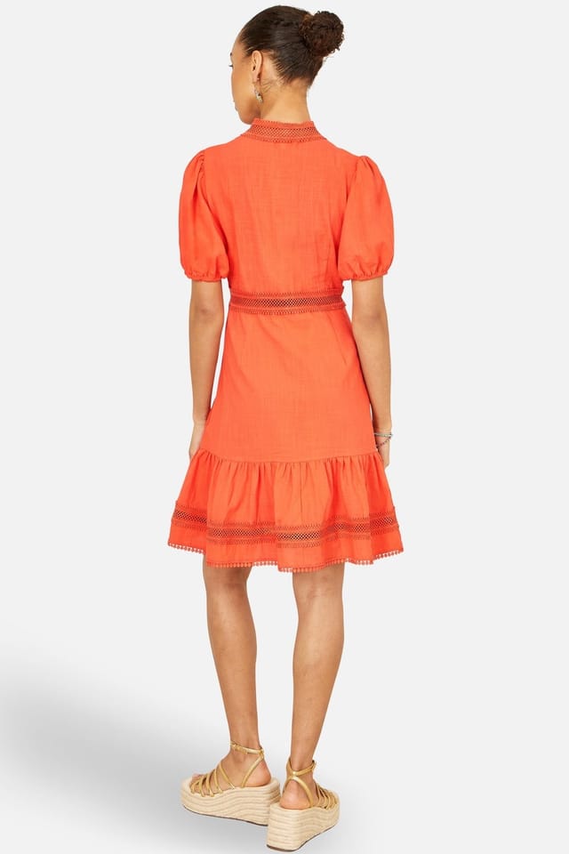 Yumi Yumi Women's Cotton Lace Trim Skater Shirt Dress in Tangerine - 3