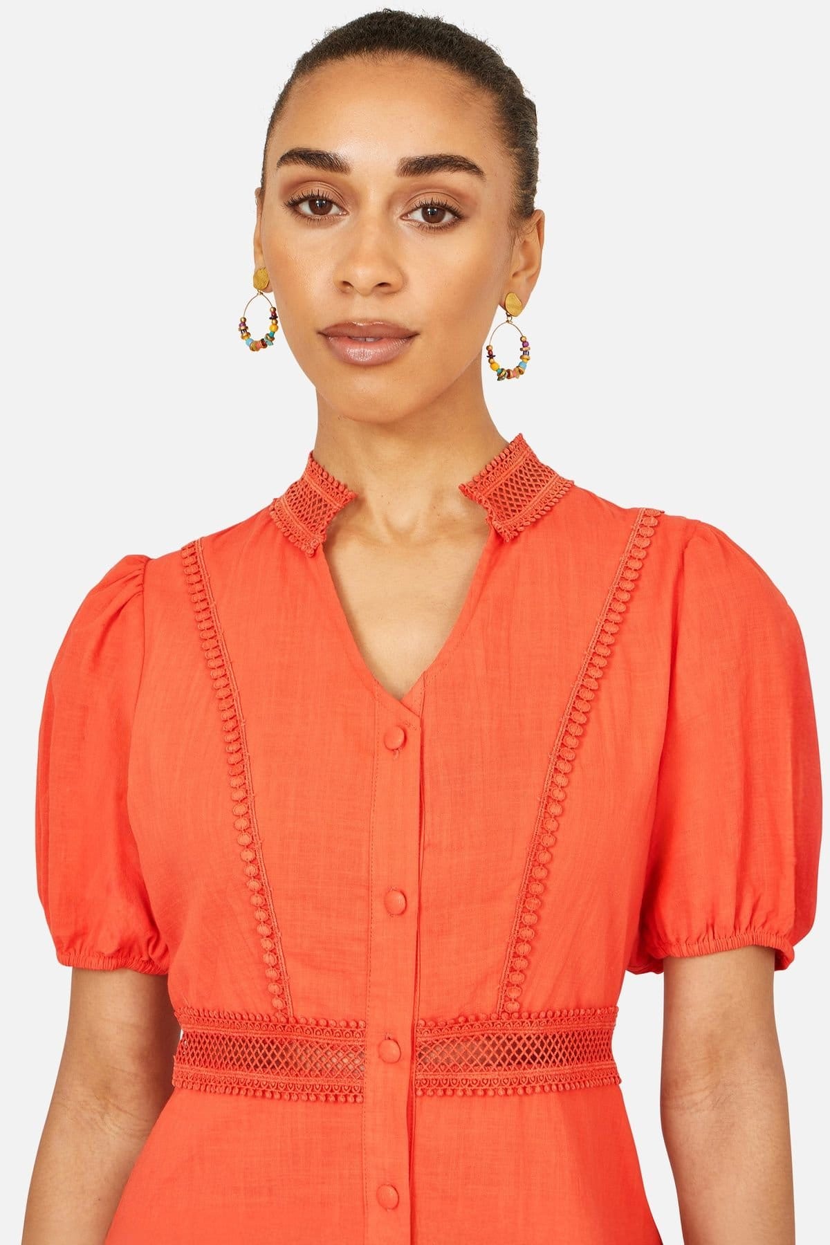 Yumi Yumi Women's Cotton Lace Trim Skater Shirt Dress in Tangerine - 4