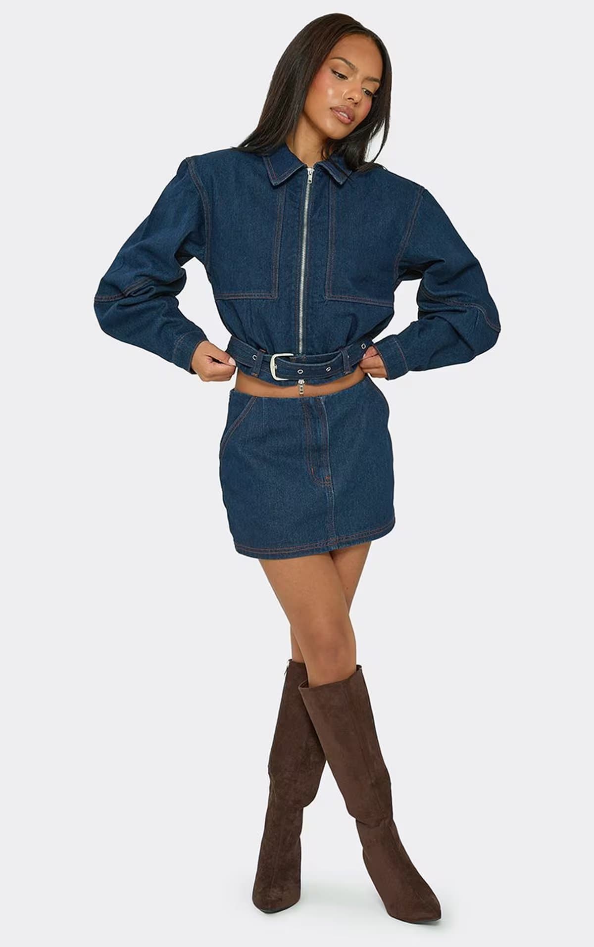 EGO Mid Rise Contrast Seam Detail Mini Skirt In Indigo Blue Denim, Women's Size UK 6
