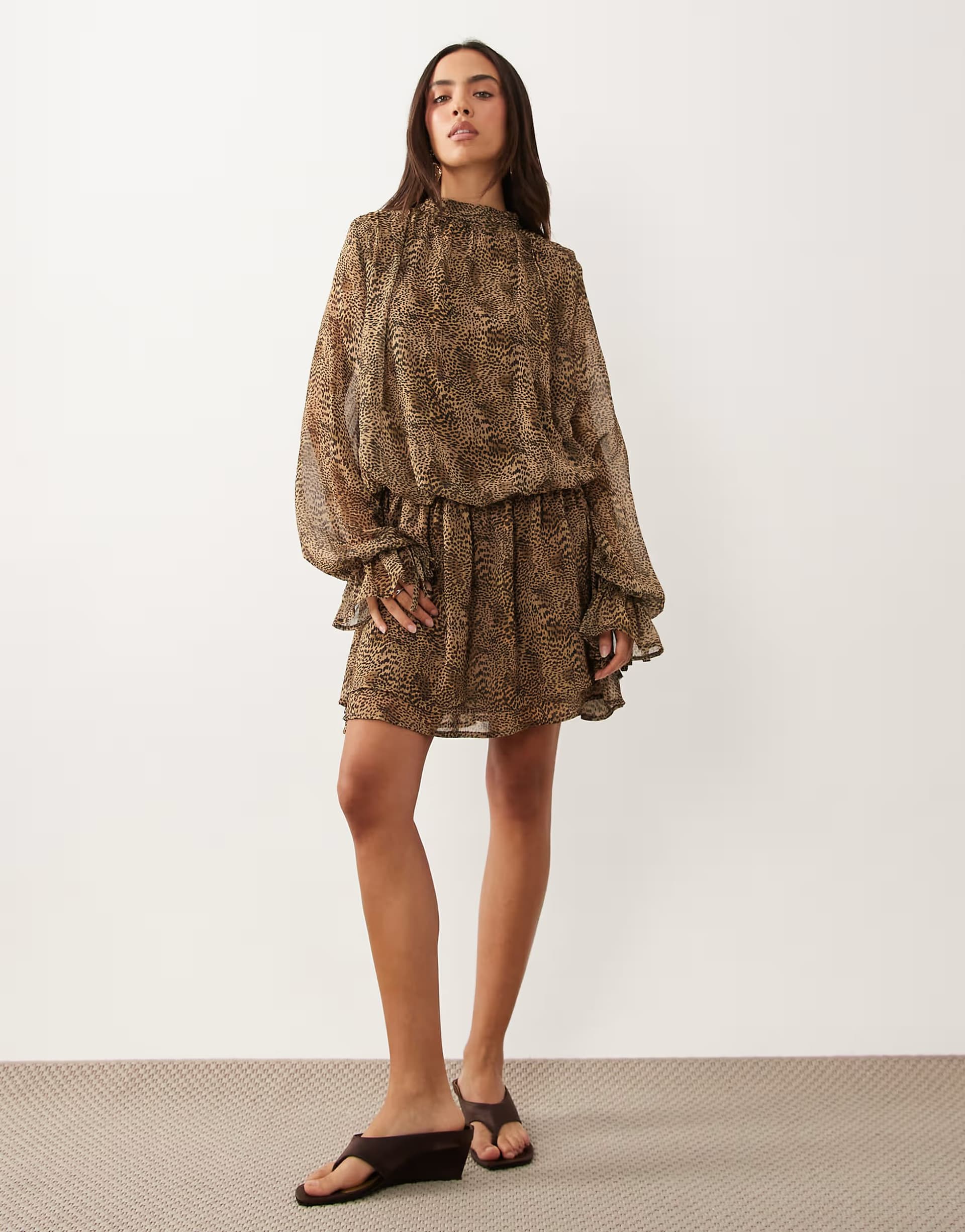 ASOS Gina Tricot long sleeve chiffon mini dress in brown leopard print