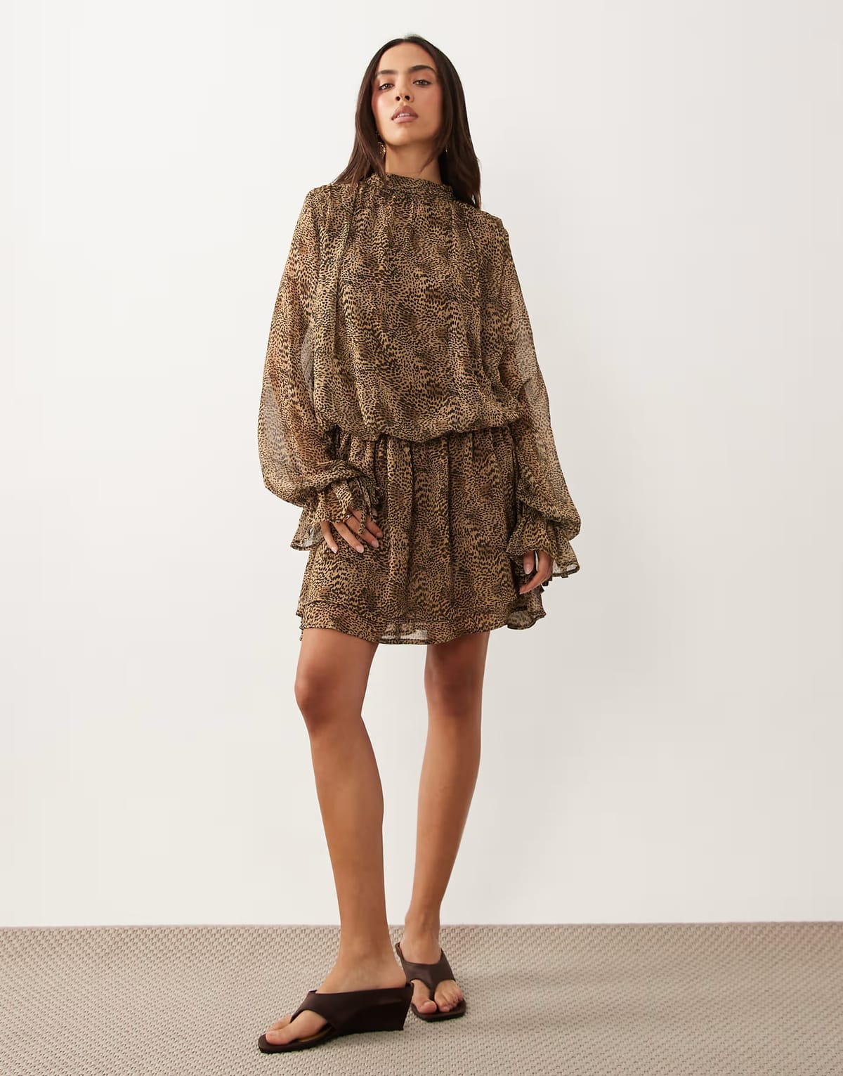 ASOS Gina Tricot long sleeve chiffon mini dress in brown leopard print - 1