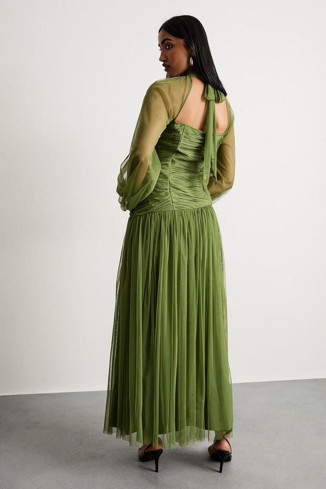 Warehouse Warehouse Women's Bow Detail Gathered Tulle Maxi Dress with Open Neck in Green - 3